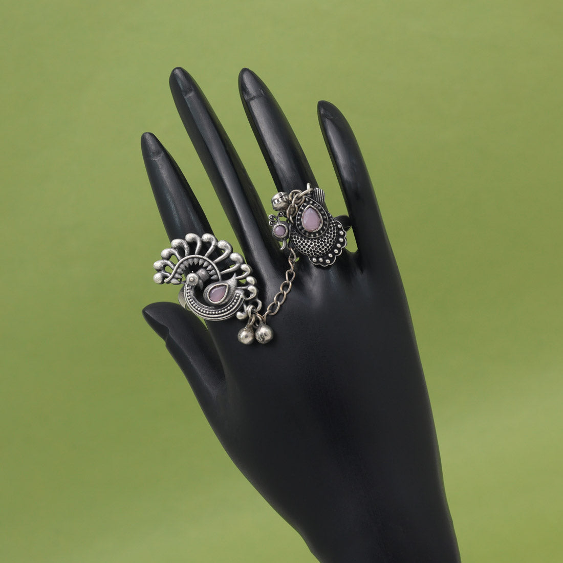 Soft Pink Color Oxidised Two In One Finger Ring With Intricate Design