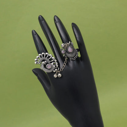 Soft Pink Color Oxidised Two In One Finger Ring With Intricate Design