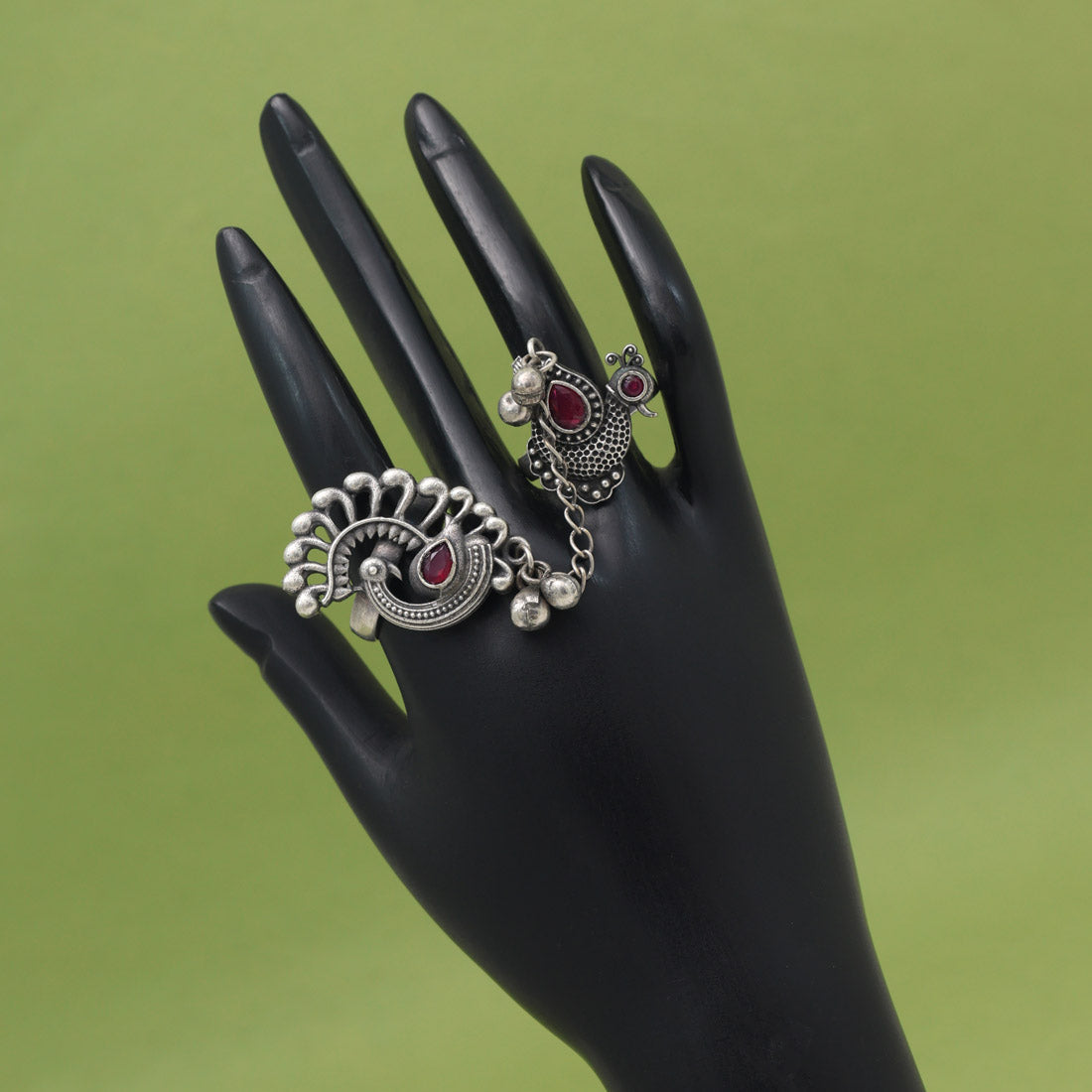 Deep Rani Color Oxidised Two In One Finger Ring With Royal Look