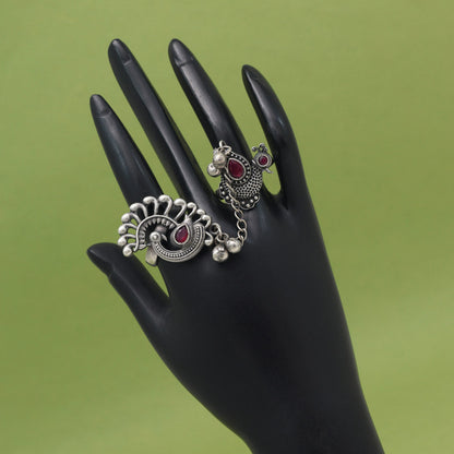 Deep Rani Color Oxidised Two In One Finger Ring With Royal Look