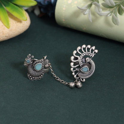 Stylish Sky Blue Color Oxidised Two In One Finger Ring For Girls