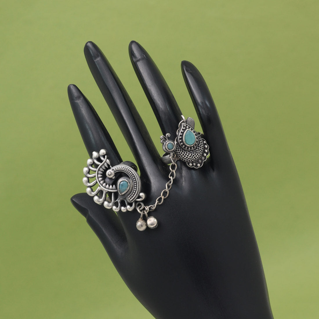 Stylish Sky Blue Color Oxidised Two In One Finger Ring For Girls