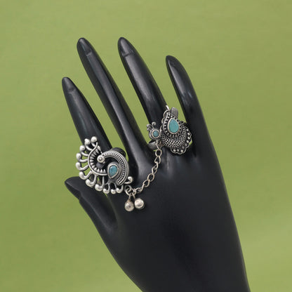 Stylish Sky Blue Color Oxidised Two In One Finger Ring For Girls