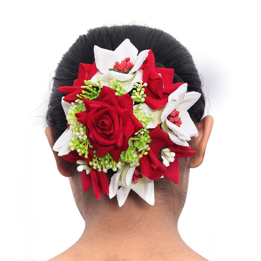 Red & White Color Rose Floral Hair Juda//Bun (HRP201REDWHT)