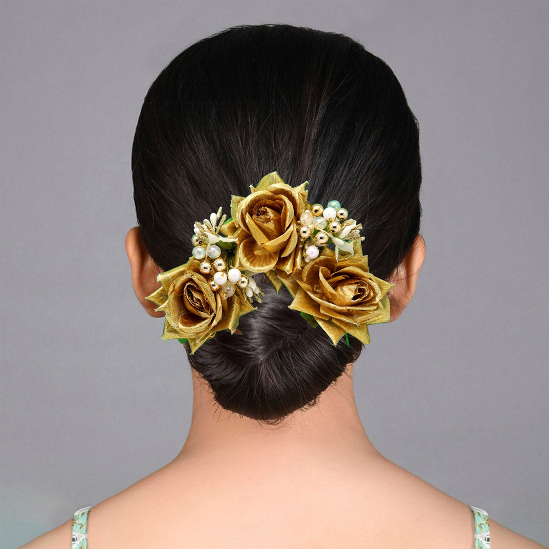 Gold Color Rose Flower Gajra For Women Hair Pin (HRP218GLD)
