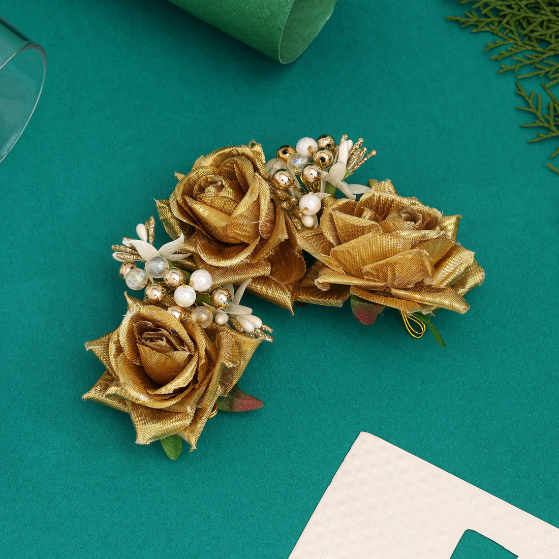 Gold Color Rose Flower Gajra For Women Hair Pin (HRP218GLD)