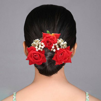 Red & Yellow Color Rose Flower Gajra For Women Hair Pin (HRP218REDYLW)