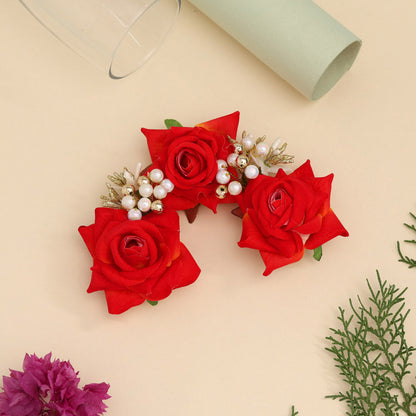 Red & Yellow Color Rose Flower Gajra For Women Hair Pin (HRP218REDYLW)