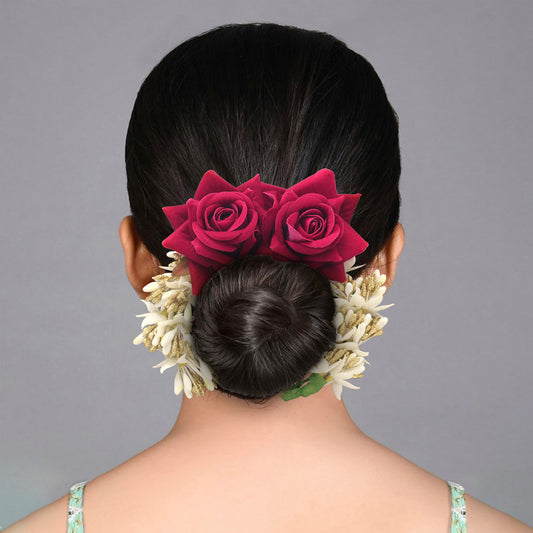 Rani Color Rose Flower Gajra For Women Hair Pin With Charm