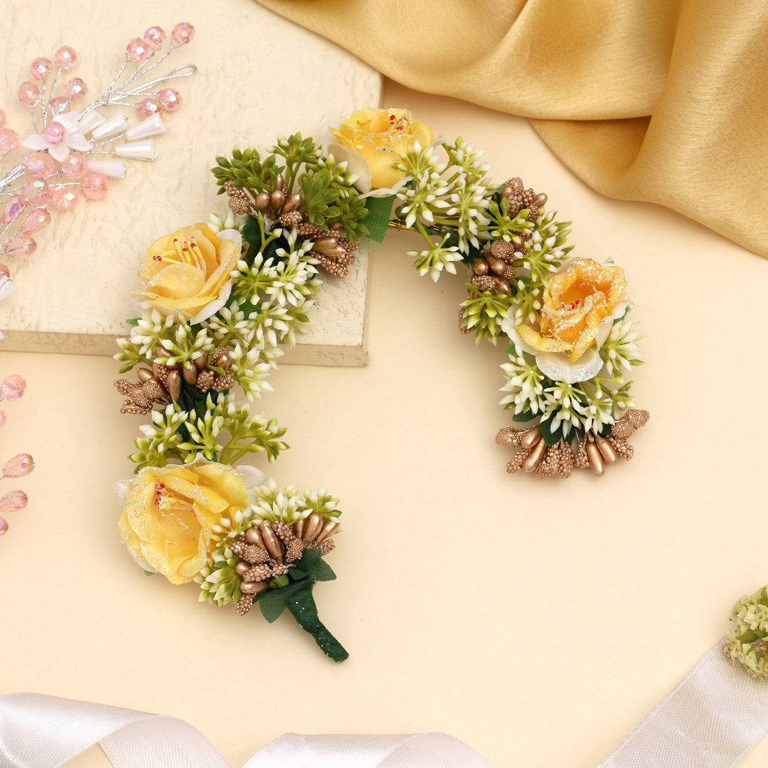 Yellow Color Rose Flower Gajra For Women Hair Pin (HRP232YLW)