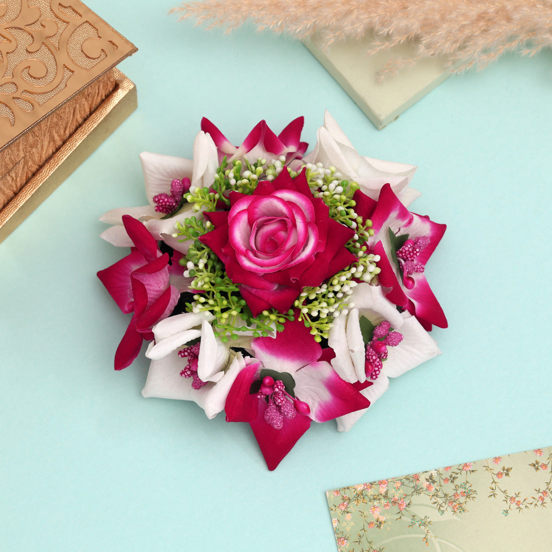 Rani & White Color Rose Flower Hair Juda//Bun For Bridal Use