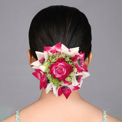 Rani & White Color Rose Flower Hair Juda//Bun For Bridal Use