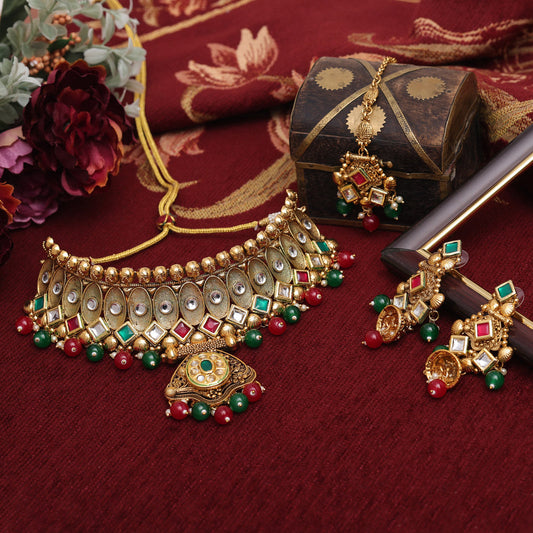 Maroon & Green Color Choker Gold Plated Necklace Set (KBSN1193MG)