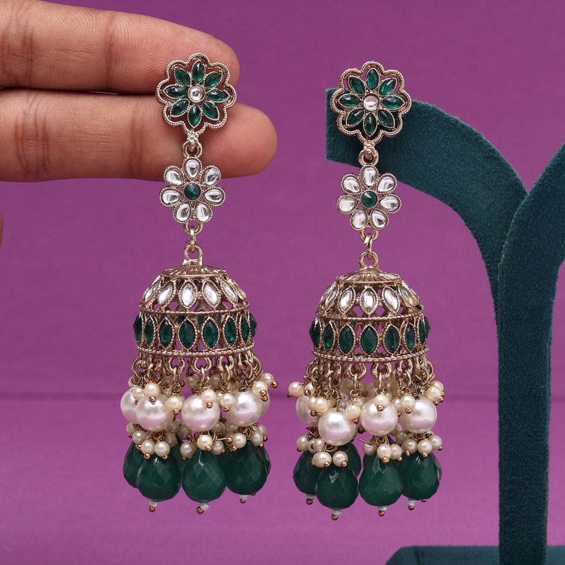 Green Color Kundan Earrings (KDE1000GRN)
