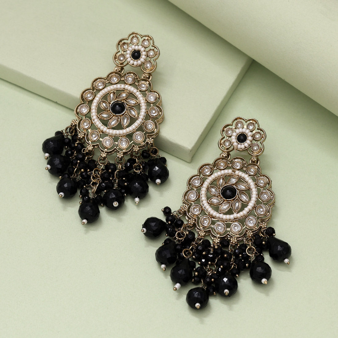 Black Color Kundan Earrings (KDE1002BLK)