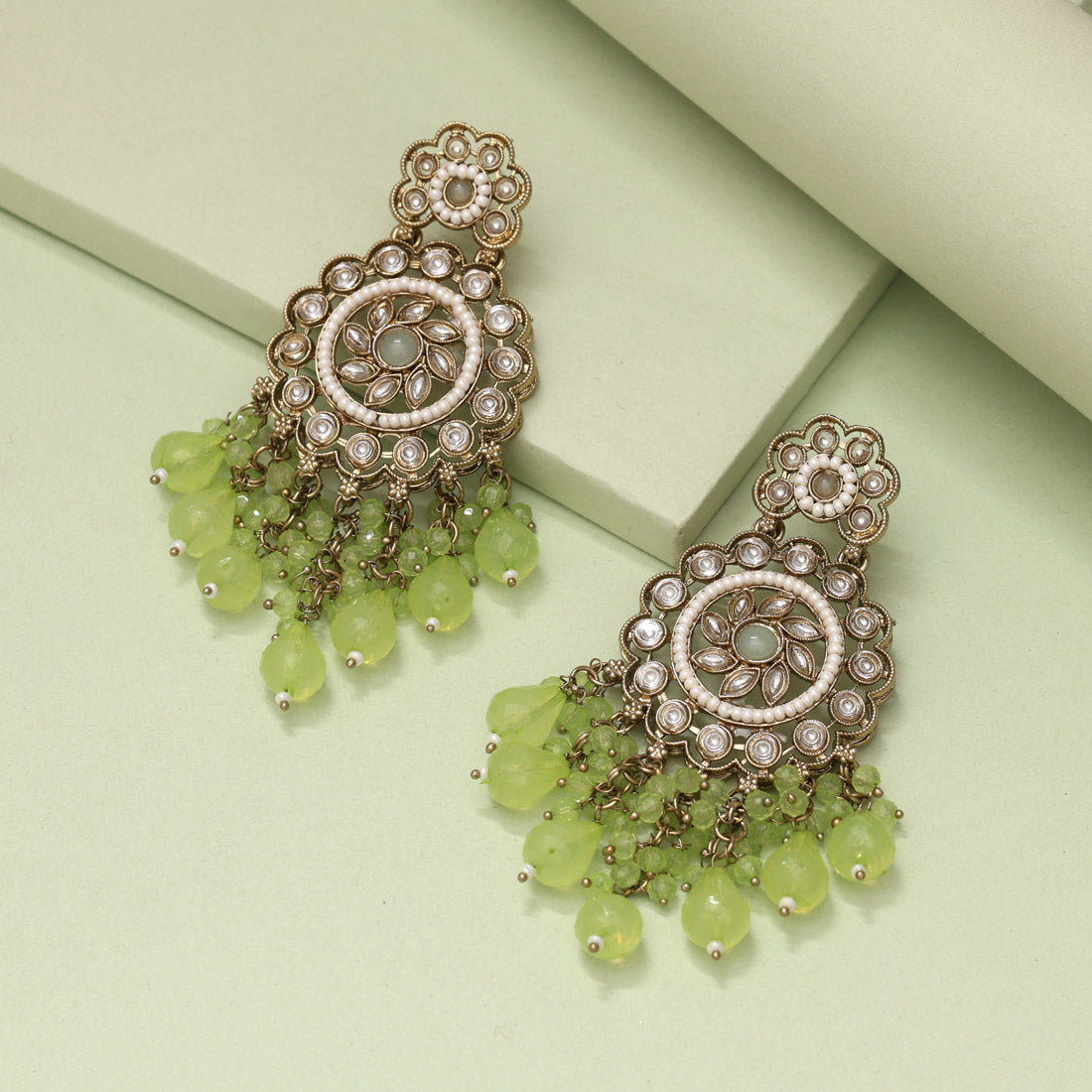 Pista Green Color Kundan Earrings (KDE1002PGRN)