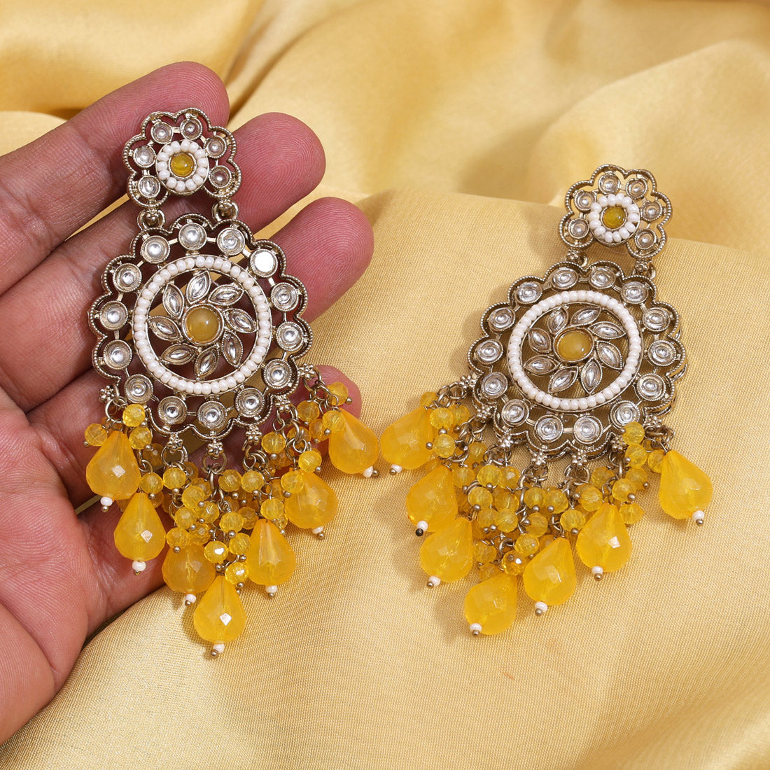 Yellow Color Kundan Earrings (KDE1002YLW)