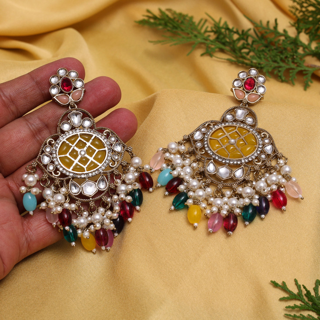 Yellow Color Kundan Earrings (KDE1003YLW)