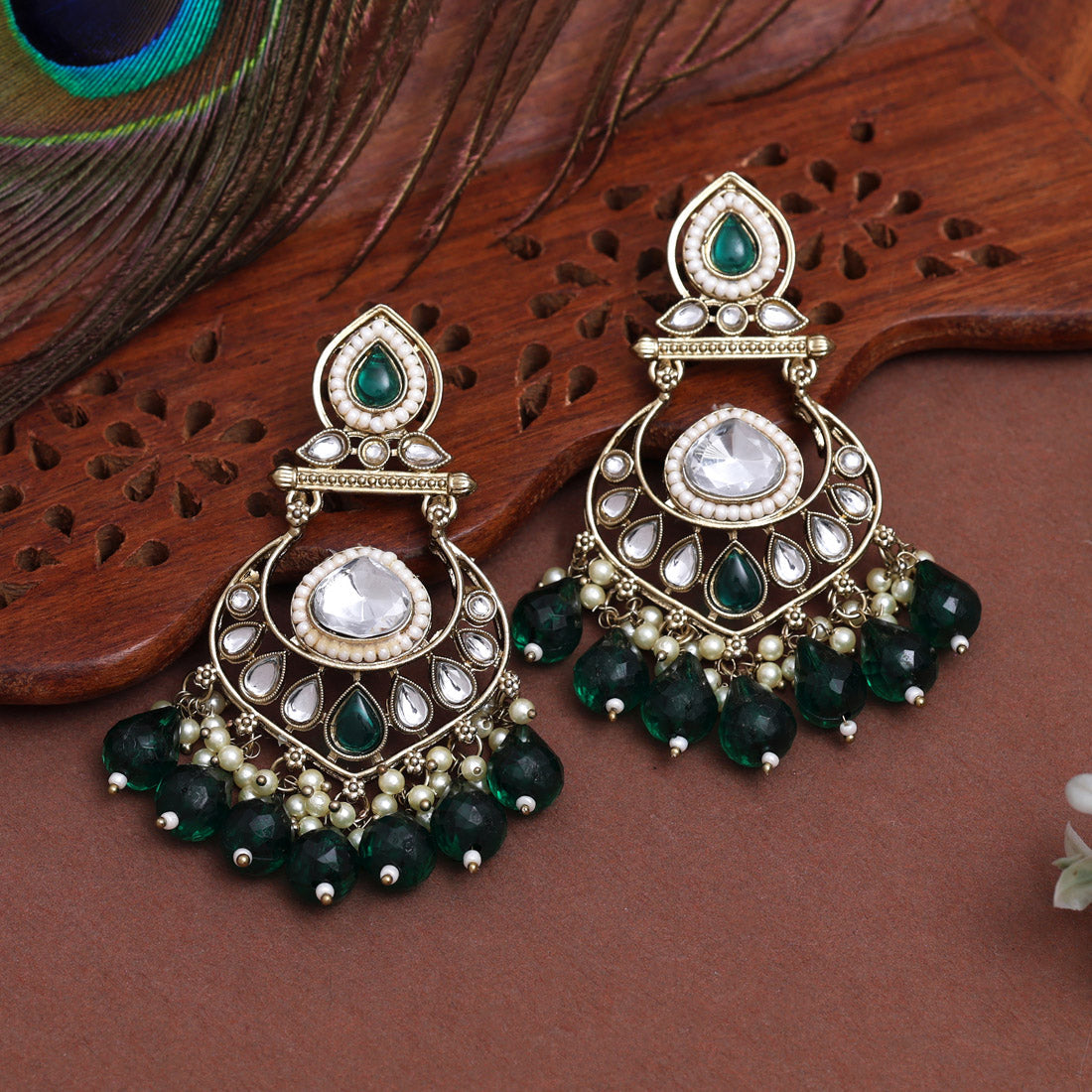 Green Color Kundan Earrings (KDE1005GRN)