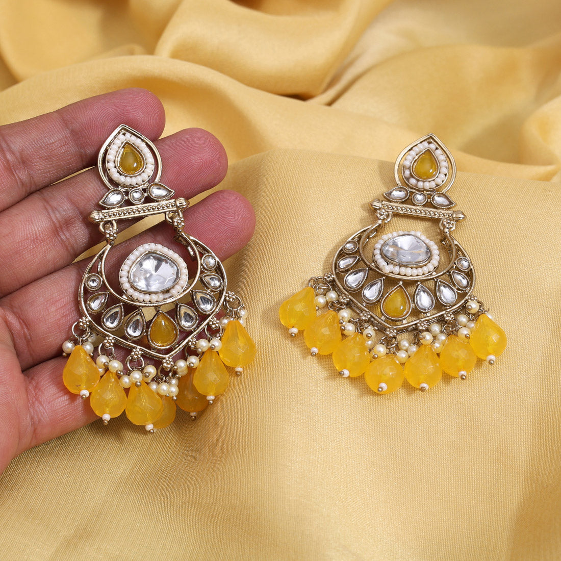 Yellow Color Kundan Earrings (KDE1005YLW)