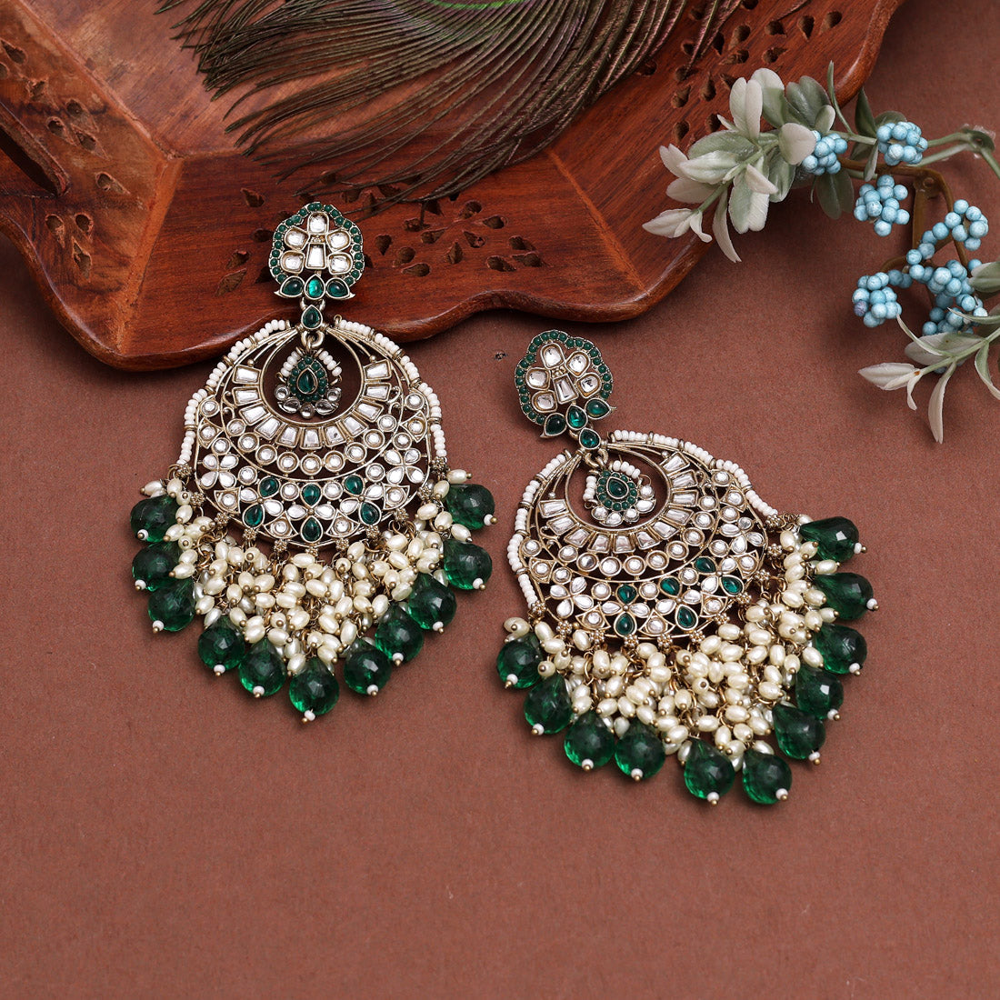 Green Color Kundan Earrings (KDE1006GRN)