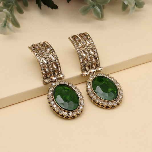 Green Color Kundan Earrings (KDE1015GRN)