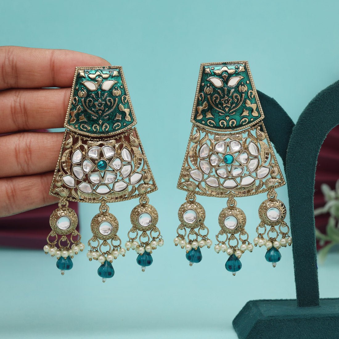 Rama Green Color Meena Work Kundan Earrings (KDE1022RGRN)