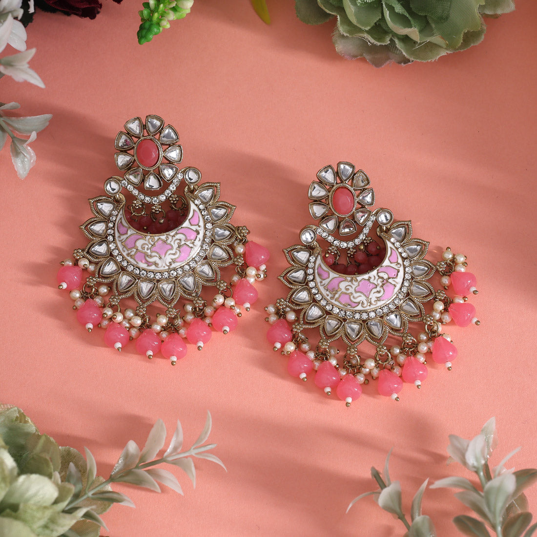 Dark Peach Color Meena Work Kundan Earrings (KDE1023DPCH)