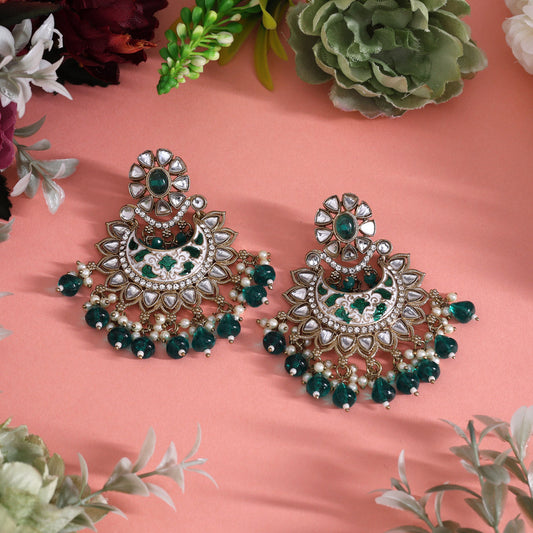 Green Color Meena Work Kundan Earrings (KDE1023GRN)