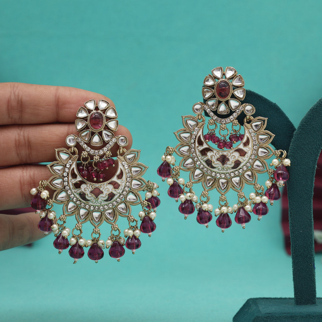 Magenta Color Meena Work Kundan Earrings (KDE1023MNT)