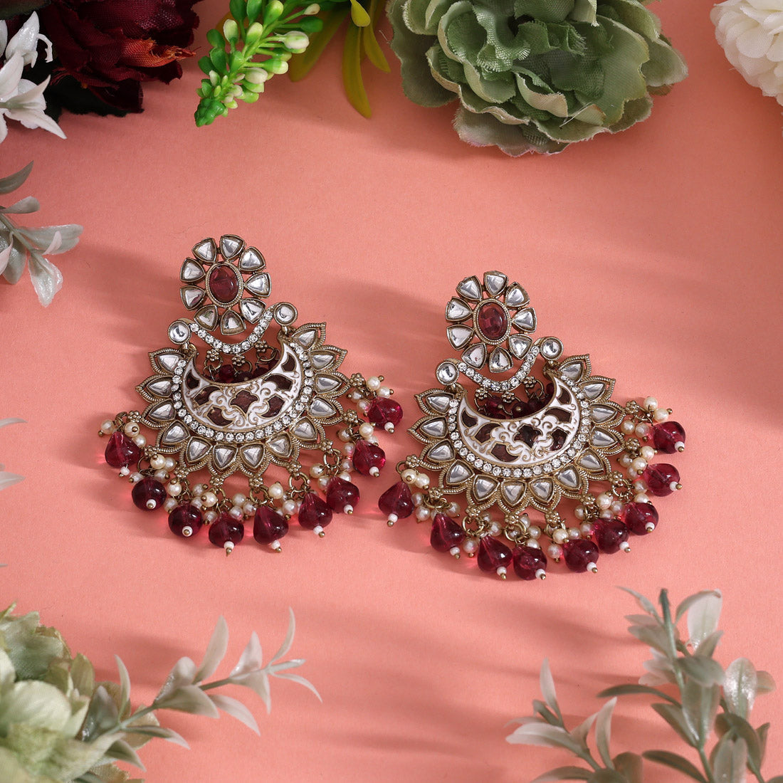 Magenta Color Meena Work Kundan Earrings (KDE1023MNT)