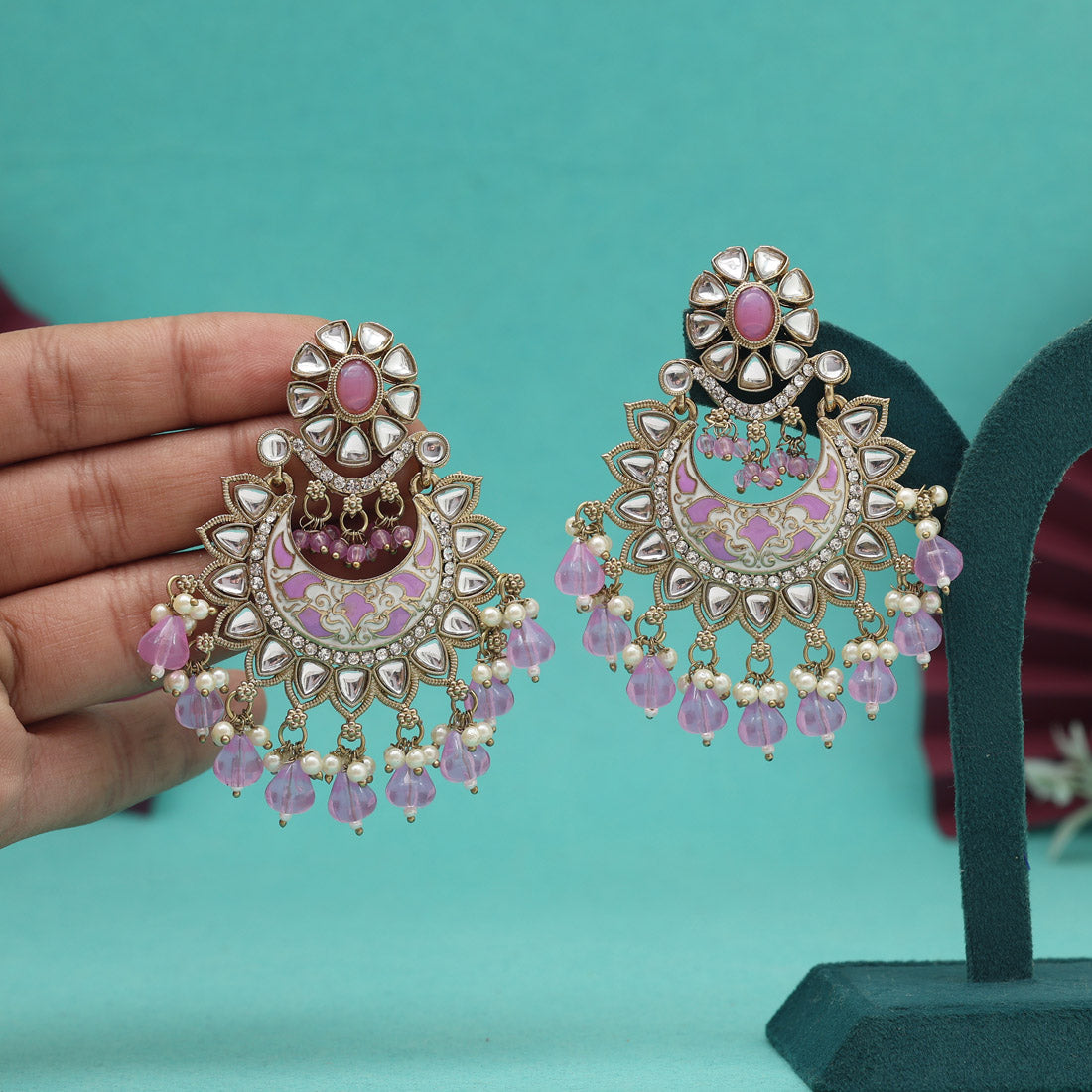 Light Violet Color Meena Work Kundan Earrings (KDE1023VLT)