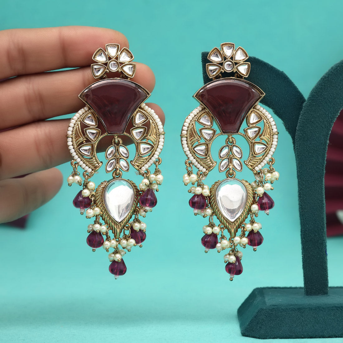 Maroon Color Kundan Earrings (KDE1024MRN)