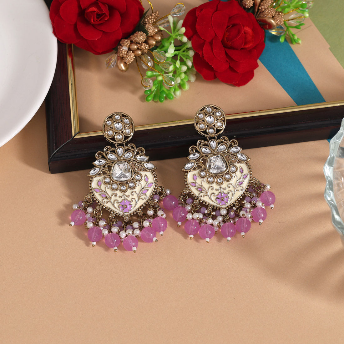Light Purple Color Meena Work Kundan Earrings (KDE1027LPRP)