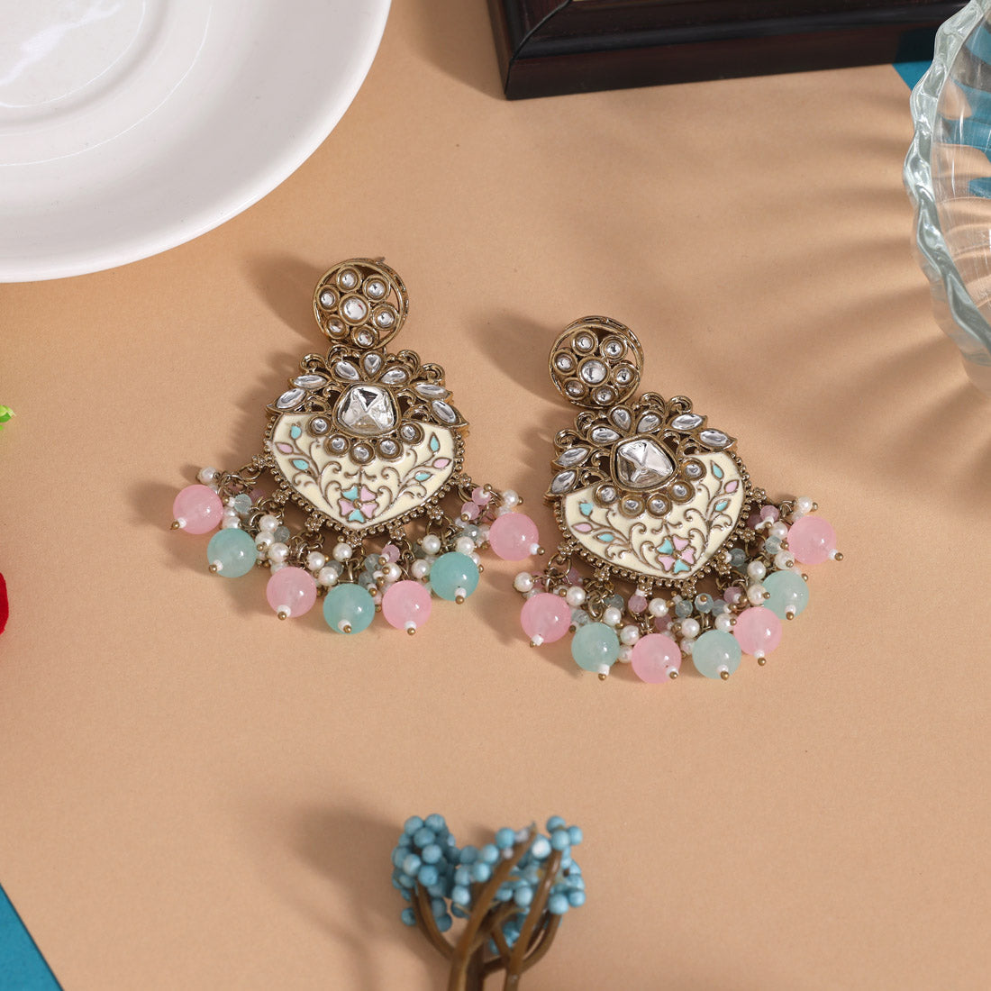 Pink & Sky Blue Color Meena Work Kundan Earrings (KDE1027PNKSBLU)