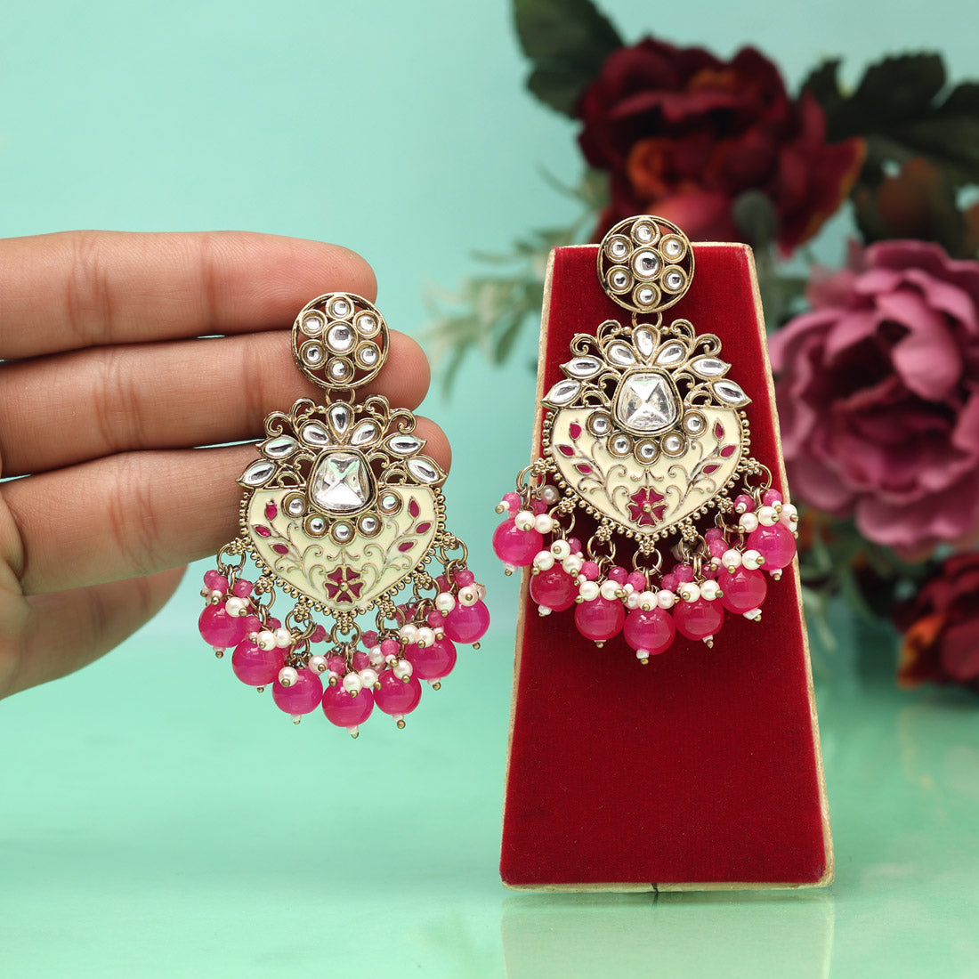 Rani Color Meena Work Kundan Earrings (KDE1027RNI)