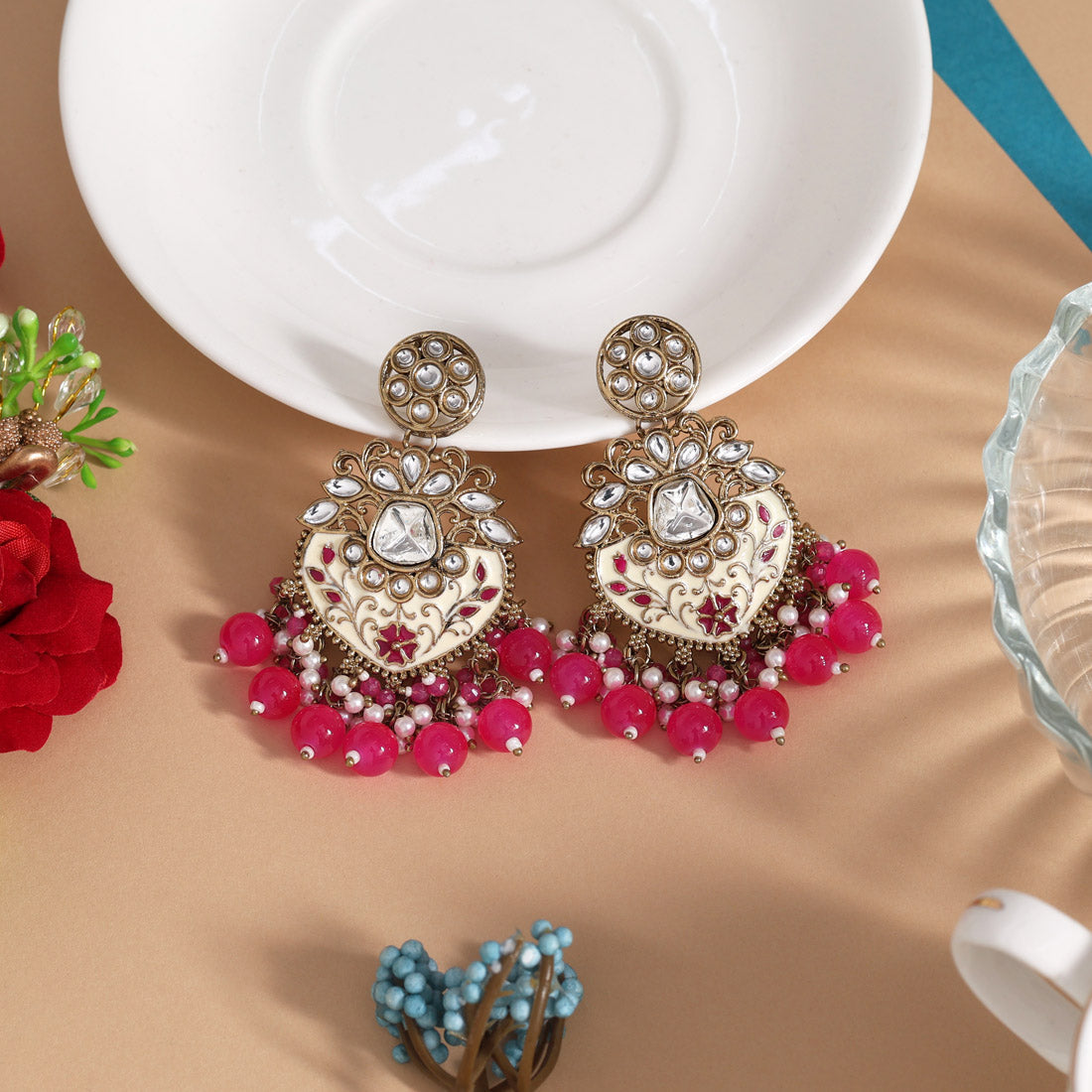 Rani Color Meena Work Kundan Earrings (KDE1027RNI)