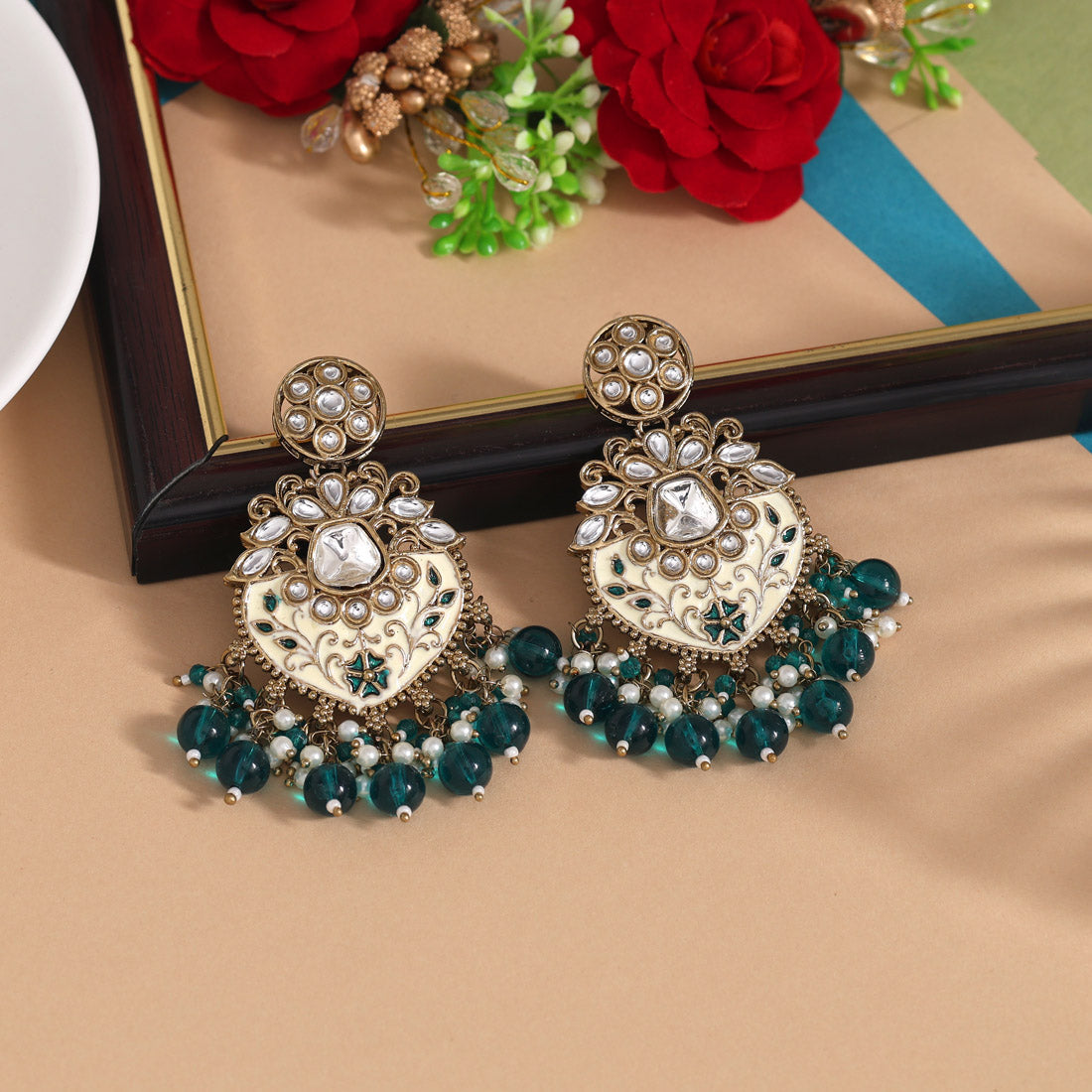 Turquoise Blue Color Meena Work Kundan Earrings (KDE1027TBLU)