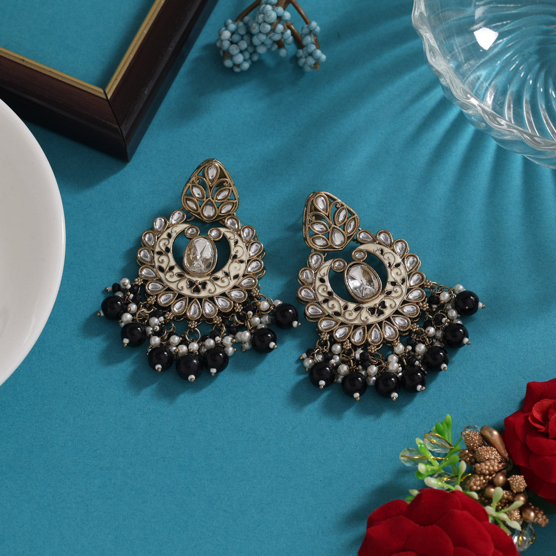 Black Color Meena Work Kundan Earrings (KDE1028BLK)