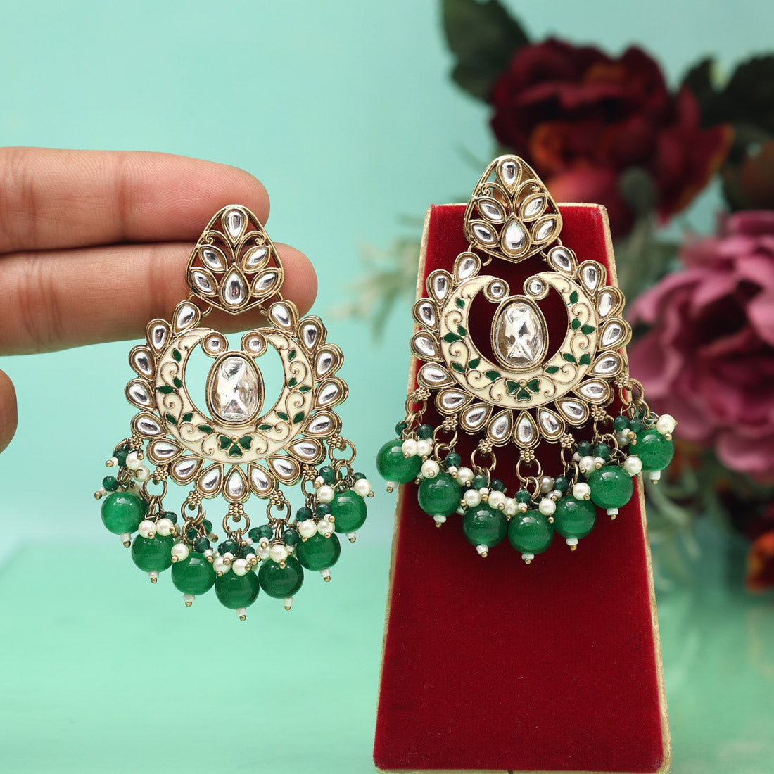 Green Color Meena Work Kundan Earrings (KDE1028GRN)