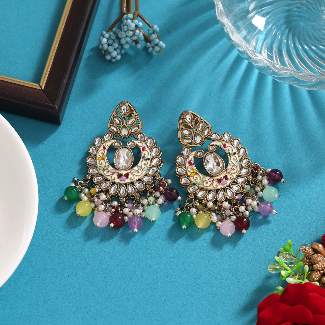 Multi Color Meena Work Kundan Earrings (KDE1028MLT)