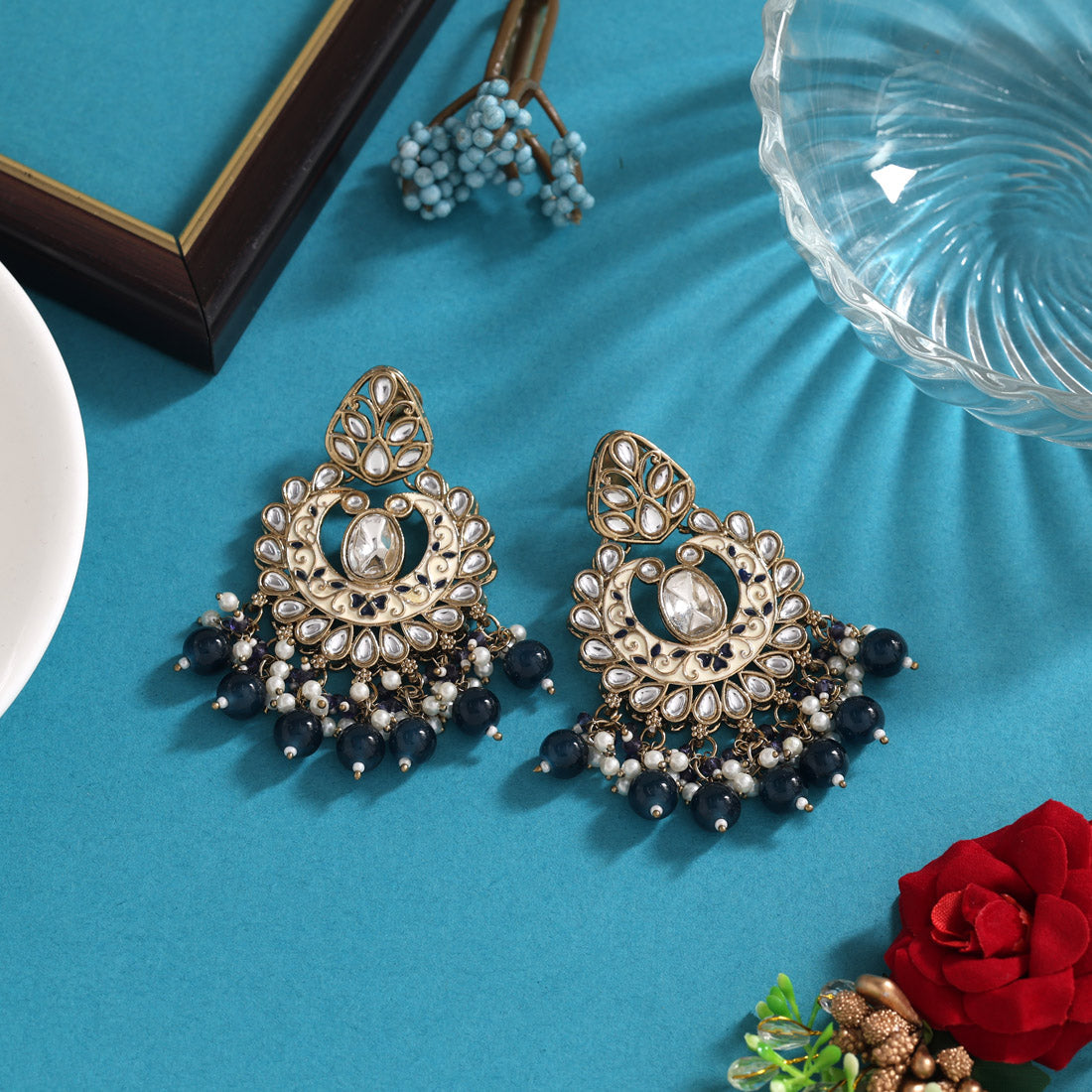 Navy Blue Color Meena Work Kundan Earrings (KDE1028NBLU)