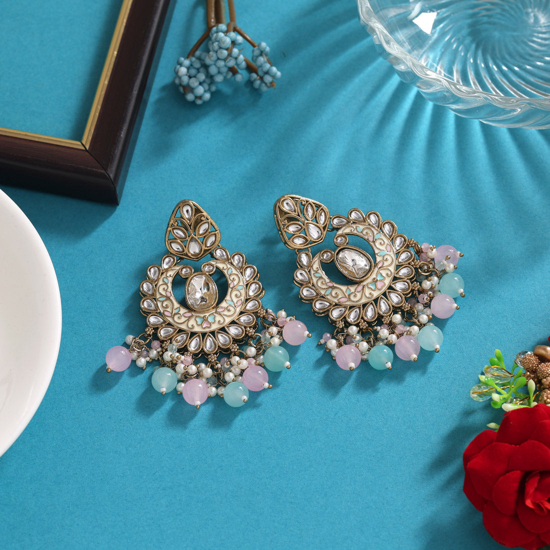 Pink & Sky Blue Color Meena Work Kundan Earrings (KDE1028PNKSBLU)