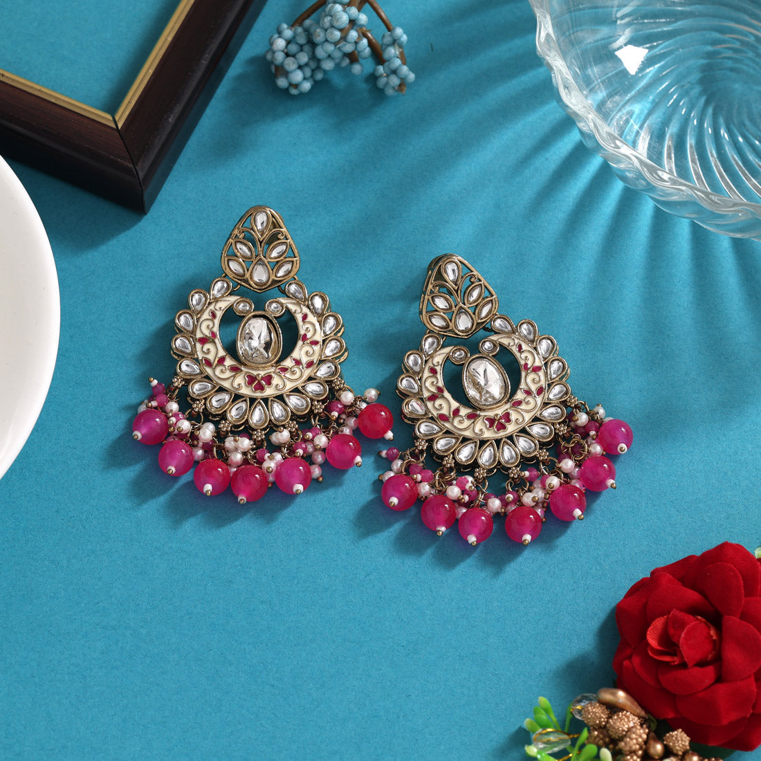 Rani Color Meena Work Kundan Earrings (KDE1028RNI)