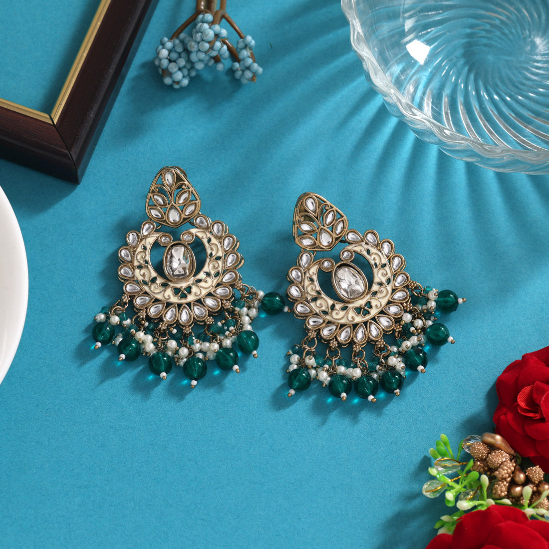 Turquoise Blue Color Meena Work Kundan Earrings (KDE1028TBLU)