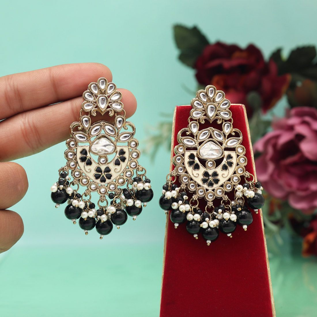 Black Color Meena Work Kundan Earrings (KDE1029BLK)