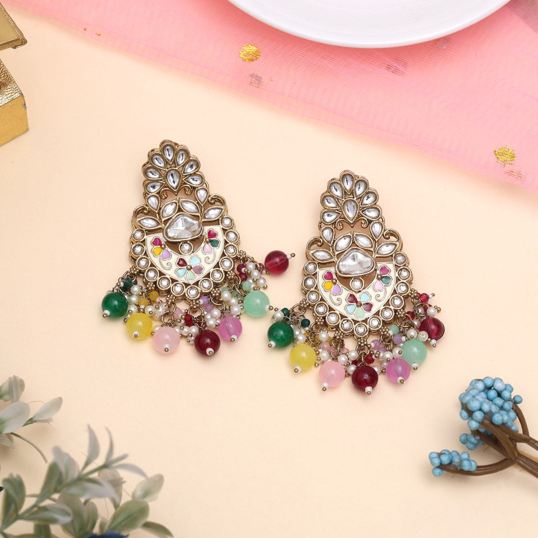 Multi Color Meena Work Kundan Earrings (KDE1029MLT)