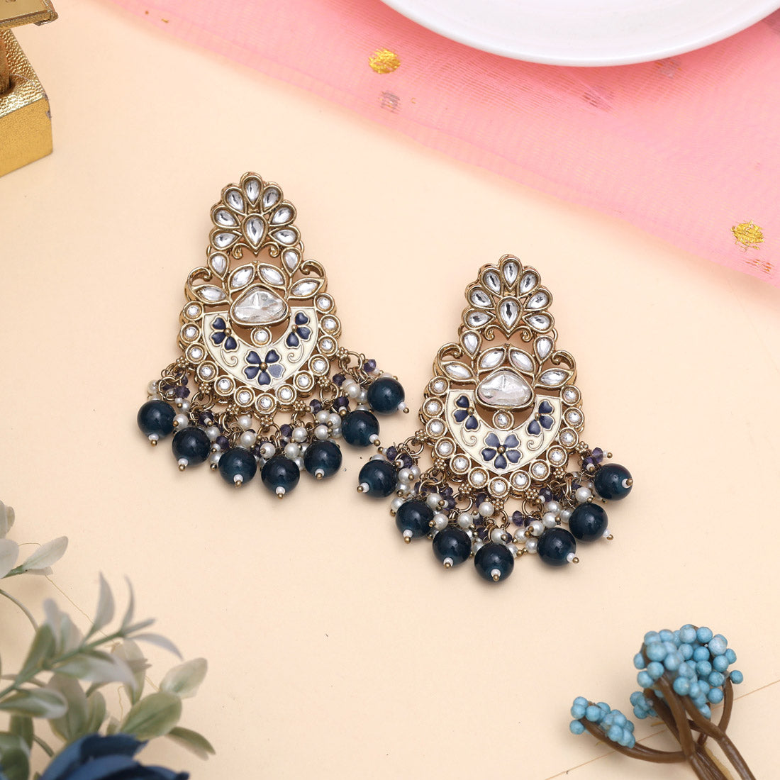 Navy Blue Color Meena Work Kundan Earrings (KDE1029NBLU)