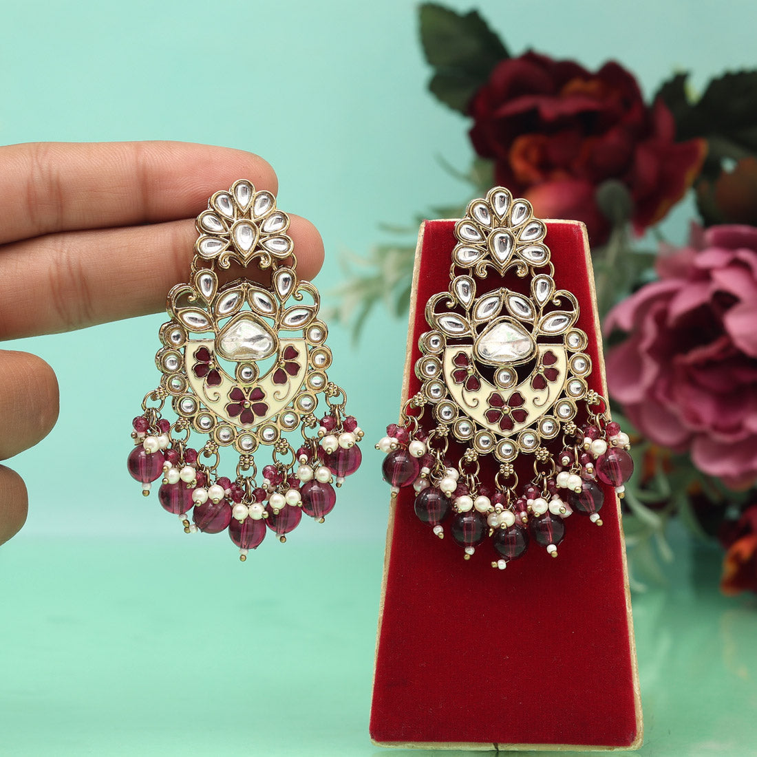 Purple Color Meena Work Kundan Earrings (KDE1029PRP)
