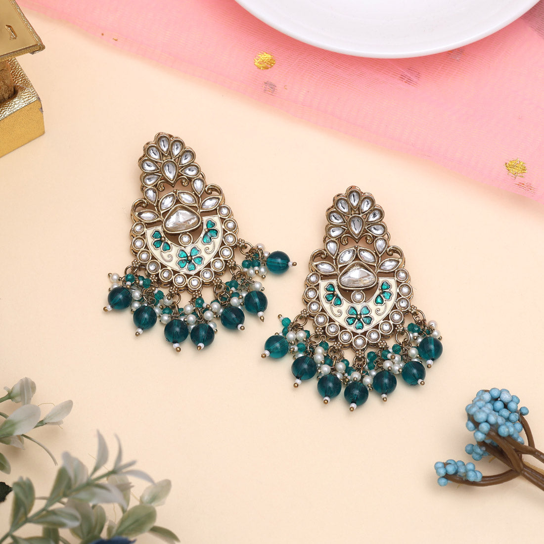 Turquoise Blue Color Meena Work Kundan Earrings (KDE1029TBLU)